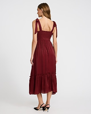 Sweetheart Tie Strap Ruched Tiered Midi Dress