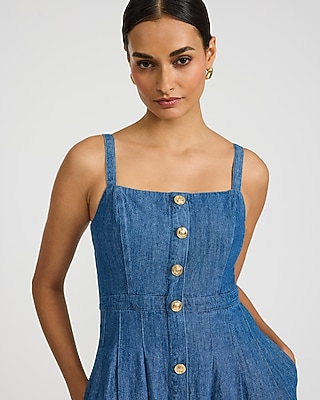 Denim Gold Button Front Midi Fit and Flare Dress with Pockets - image 2