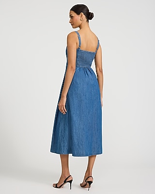 Denim Gold Button Front Midi Fit and Flare Dress with Pockets - image 3