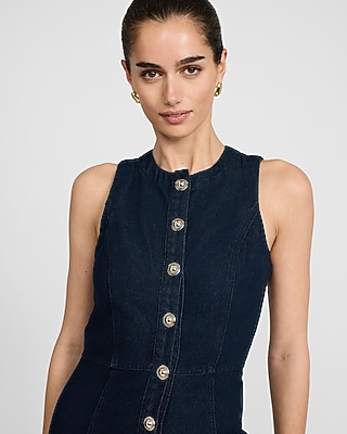 Denim Crew Neck Novelty Button Front Midi Dress