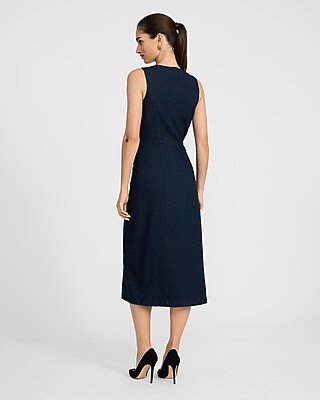 Denim Crew Neck Novelty Button Front Midi Dress - image 3