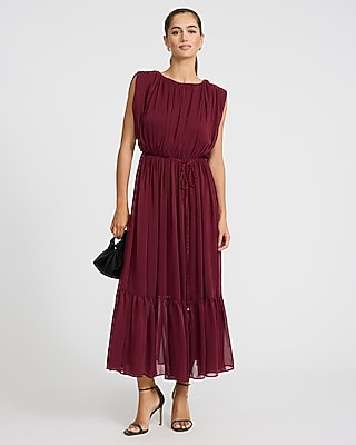 ruched chiffon maxi dress product info and reviews Ruched Chiffon Crew Neck Sleeveless Tie Waist Maxi Dress