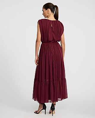 Ruched Chiffon Crew Neck Sleeveless Tie Waist Maxi Dress