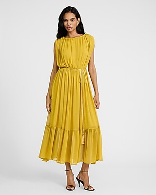 Ruched Chiffon Crew Neck Sleeveless Tie Waist Maxi Dress | Express