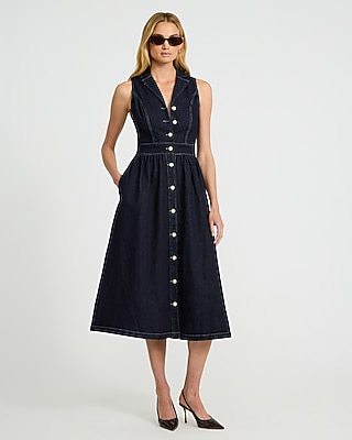 Denim Button Front Midi Fit and Flare Dress with Pockets