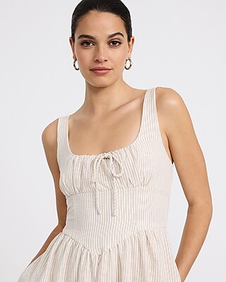 Striped Smocked Back Dipped Waist Midi Dress with Pockets