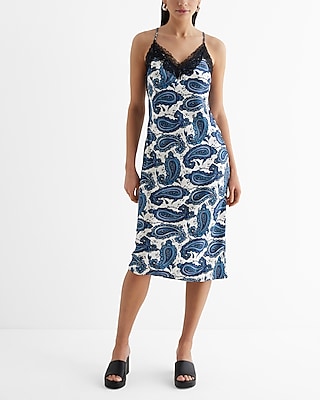 Satin Printed Lace Trim V-neck Midi Downtown Cami Slip Dress
