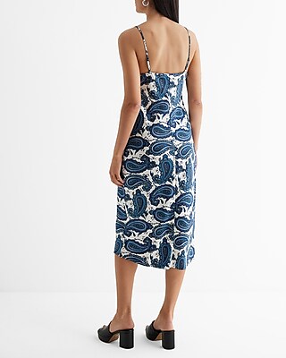 Satin Printed Lace Trim V-Neck Midi Downtown Cami Slip Dress