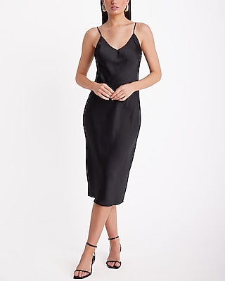 Satin V-neck Downtown Cami Midi Slip Dress | Express