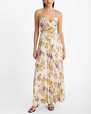 Floral V-neck Pleated Cross Back Maxi Dress | Express
