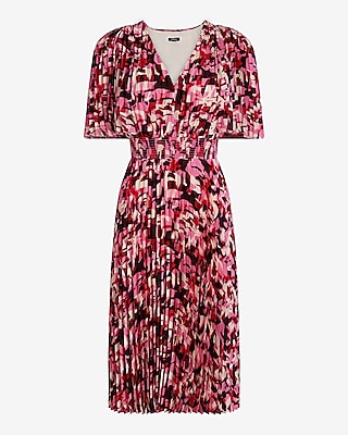 Printed Pleated V-Neck Short Sleeve Midi Dress