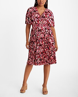 Printed Pleated V-Neck Short Sleeve Midi Dress