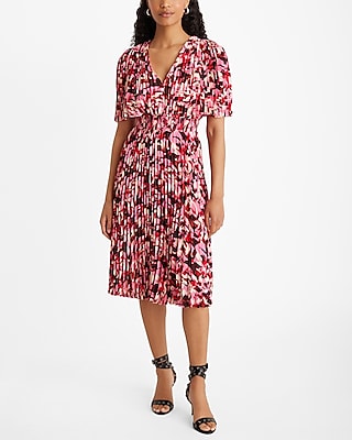 Printed Pleated V-Neck Short Sleeve Midi Dress
