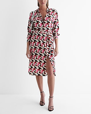 Printed Tie Waist Midi Shirt Dress