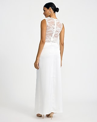 Mixed Media Sheer Crew Neck Maxi Dress