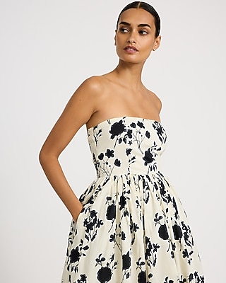 Floral Strapless Smocked Back Midi Dress
