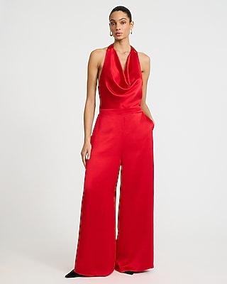 Satin Halter Cowl Neck Wide Leg Jumpsuit with Pockets