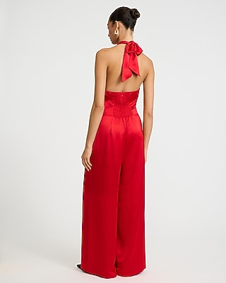 Satin Halter Cowl Neck Wide Leg Jumpsuit with Pockets