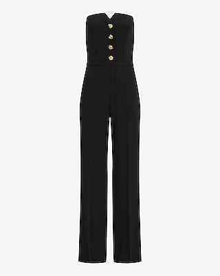 Crepe Strapless Novelty Button Wide Leg Jumpsuit with Pockets
