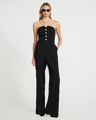 Crepe Strapless Novelty Button Wide Leg Jumpsuit with Pockets