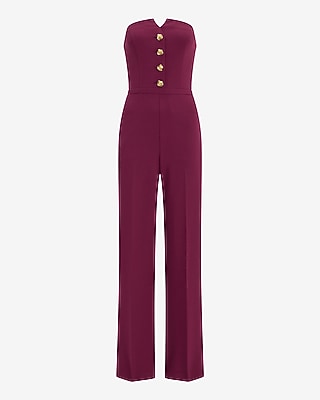 Crepe Strapless Novelty Button Wide Leg Jumpsuit with Pockets