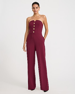 Crepe Strapless Novelty Button Wide Leg Jumpsuit with Pockets