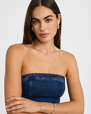Stretch Denim Strapless Drop Waist Midi Tube Dress