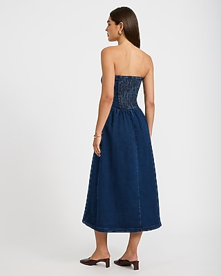 Stretch Denim Strapless Drop Waist Midi Tube Dress