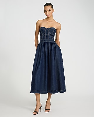 Denim Strapless Sweetheart Corset Midi Dress with Pockets