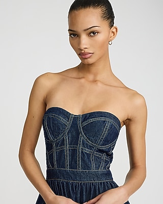 Denim Strapless Sweetheart Corset Midi Dress with Pockets