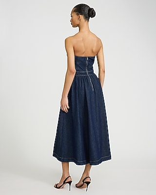 Denim Strapless Sweetheart Corset Midi Dress with Pockets