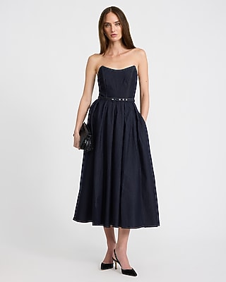 Stretch Denim Strapless Belted Midi Dress