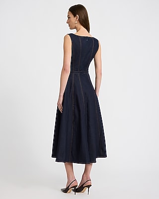 Stretch Denim Boat Neck Seamed Belted Midi Dress - thumbnail 2