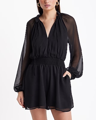 Tie V-neck Long Sleeve Smocked Waist Romper | Express