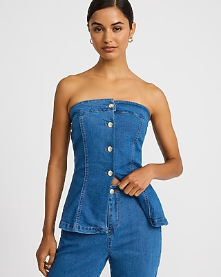 Stretch Denim Strapless Peplum Novelty Button Front Jumpsuit - thumbnail 2