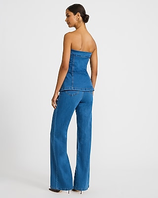 Stretch Denim Strapless Peplum Novelty Button Front Jumpsuit - thumbnail 3