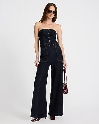 Stretch Denim Strapless Belted Wide Leg Jumpsuit
