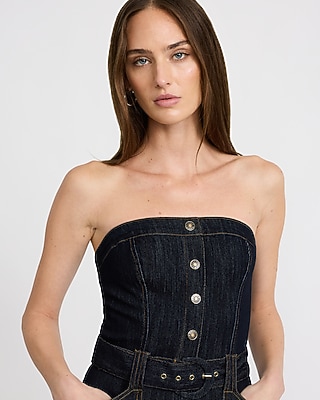 Stretch Denim Strapless Belted Wide Leg Jumpsuit