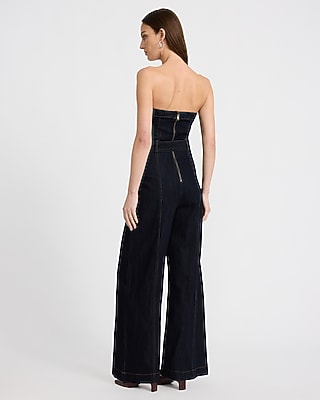 Stretch Denim Strapless Belted Wide Leg Jumpsuit
