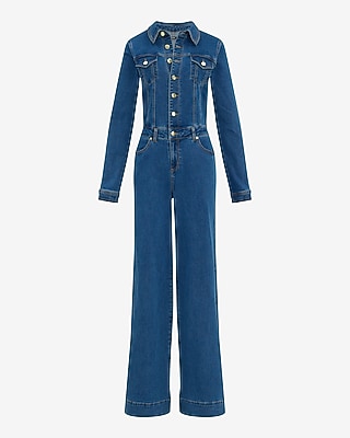 Stretch Denim Long Sleeve Button Front Wide Leg Jumpsuit with Pockets