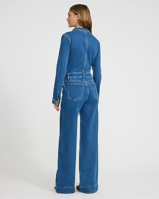 Denim Long Sleeve Button Front Wide Leg Jumpsuit