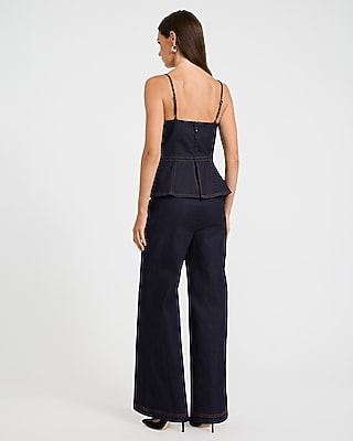 Stretch Denim Sweetheart Neck Wide Leg Jumpsuit