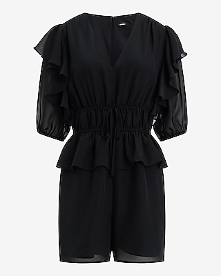 V-Neck Short Sleeve Tie Front Ruffle Romper