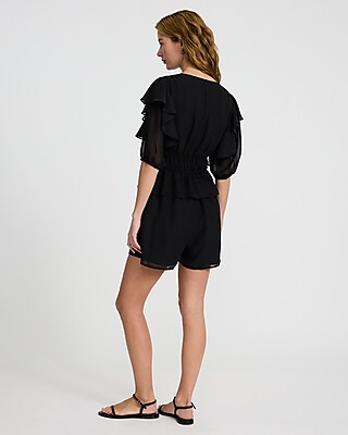 V-Neck Short Sleeve Tie Front Ruffle Romper