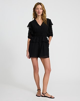 V-Neck Short Sleeve Tie Front Ruffle Romper