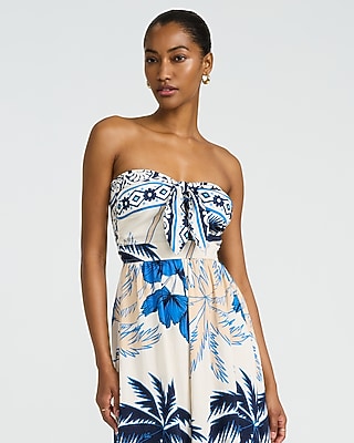 Printed Strapless Tie Front Smocked Back Wide Leg Jumpsuit - image 2