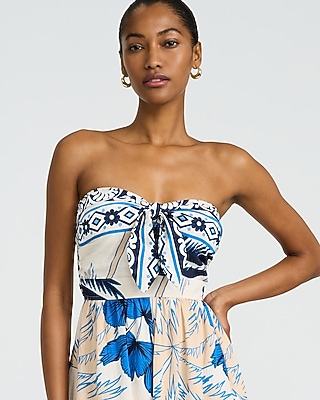 Printed Strapless Tie Front Smocked Back Wide Leg Jumpsuit - image 3