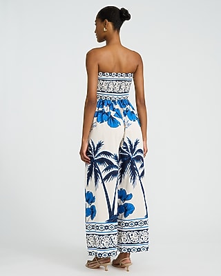 Printed Strapless Tie Front Smocked Back Wide Leg Jumpsuit - image 4
