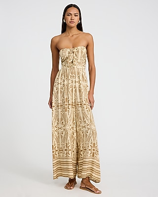 Printed Strapless Tie Front Smocked Back Wide Leg Jumpsuit - image 5