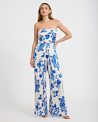 Satin Floral Strapless Tie Back Wide Leg Jumpsuit